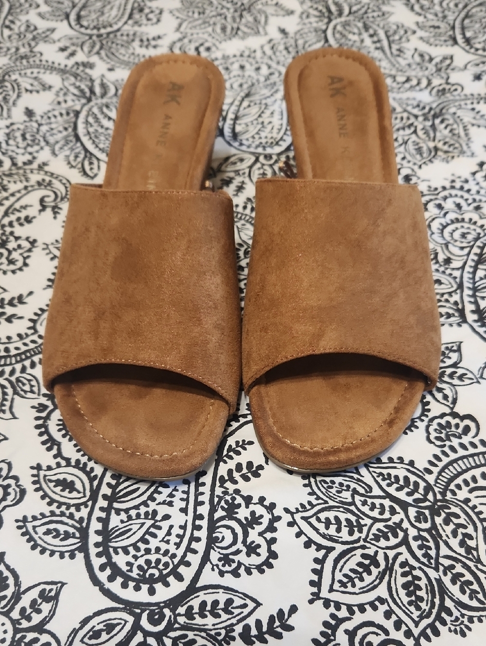 Anne Klein Cognac Suede Open-Toe Slide Mules